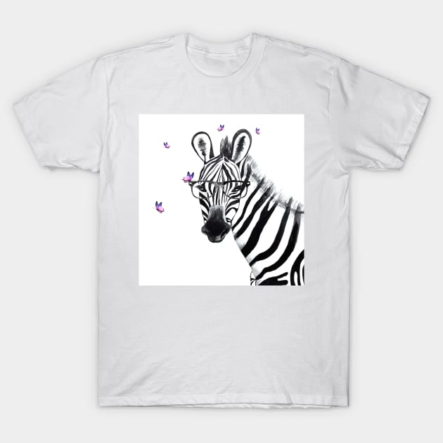 Zebra with glasses and butteflies T-Shirt by Luba_Ost